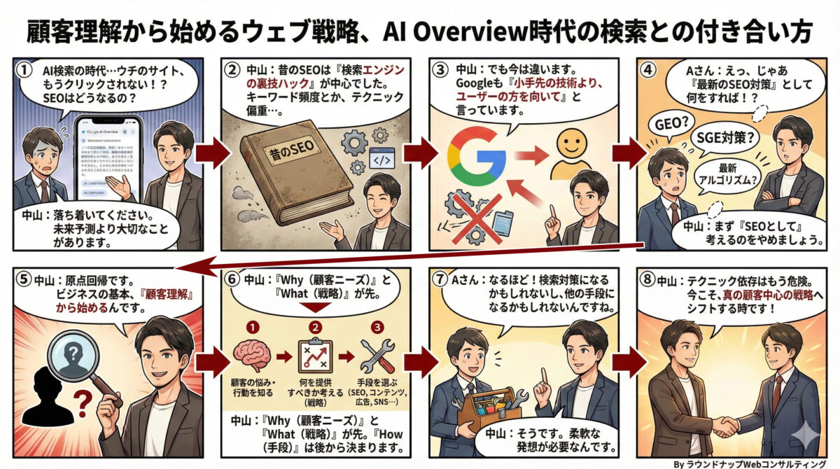 GoogleがAI OverviewやAIモードを出してきて、検索結果の中だけで答えが完結するケースも増えています。こうしたAI検索の時代に、中小企業として「SEO」や検索経由の集客をこれからどう考えればよいのでしょうか？