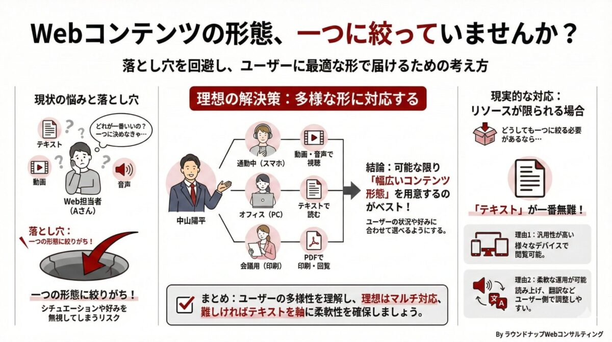 Webコンテンツの形式（テキスト・動画・音声・PDFなど）を一つに決めつけず、状況やユーザーの好みに合わせて複数の形で用意するべきだという考え方を示す図解（中小企業の経営者・Web担当者向け）
