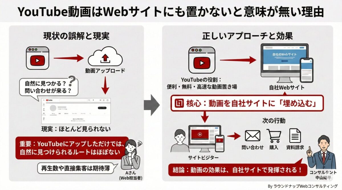 中小企業が制作した会社紹介や作業風景の動画はYouTubeだけに置かず、自社Webサイトに埋め込んで見てもらうべきだと説明する図解（中小企業の経営者・Web担当者向け）
